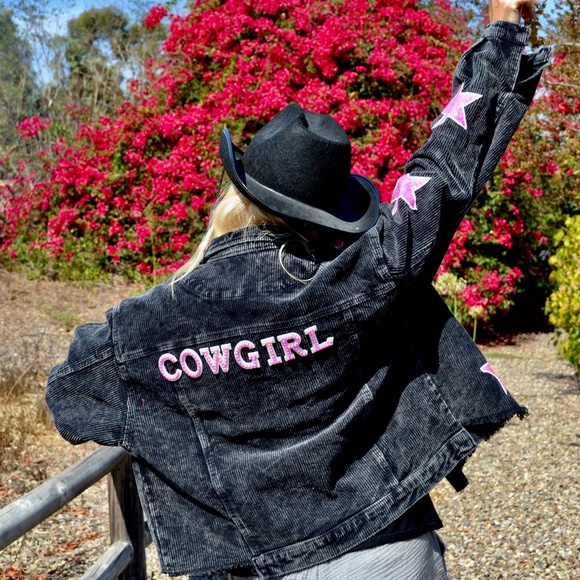 Black and Pink Star Corduroy Western Cowgirl Jacket, Country Jacket - Picture 2 of 10